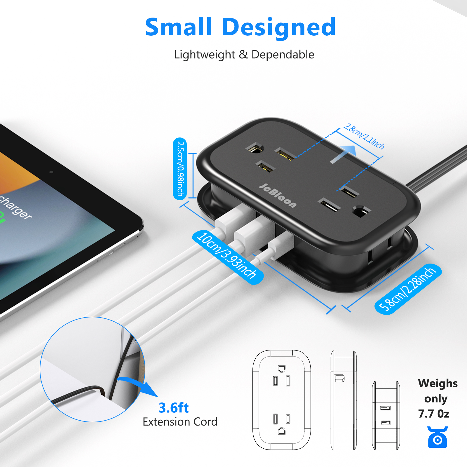 JcBlaon Travel Power Strip with USB Ports, 4 Outlets 3 USB(1 USB C) with 3.6FT Wrapped Short Flat Plug Extension Cord, Small Portable Desktop Charging Station, Compact for Hotel Travel Cruise Essentia