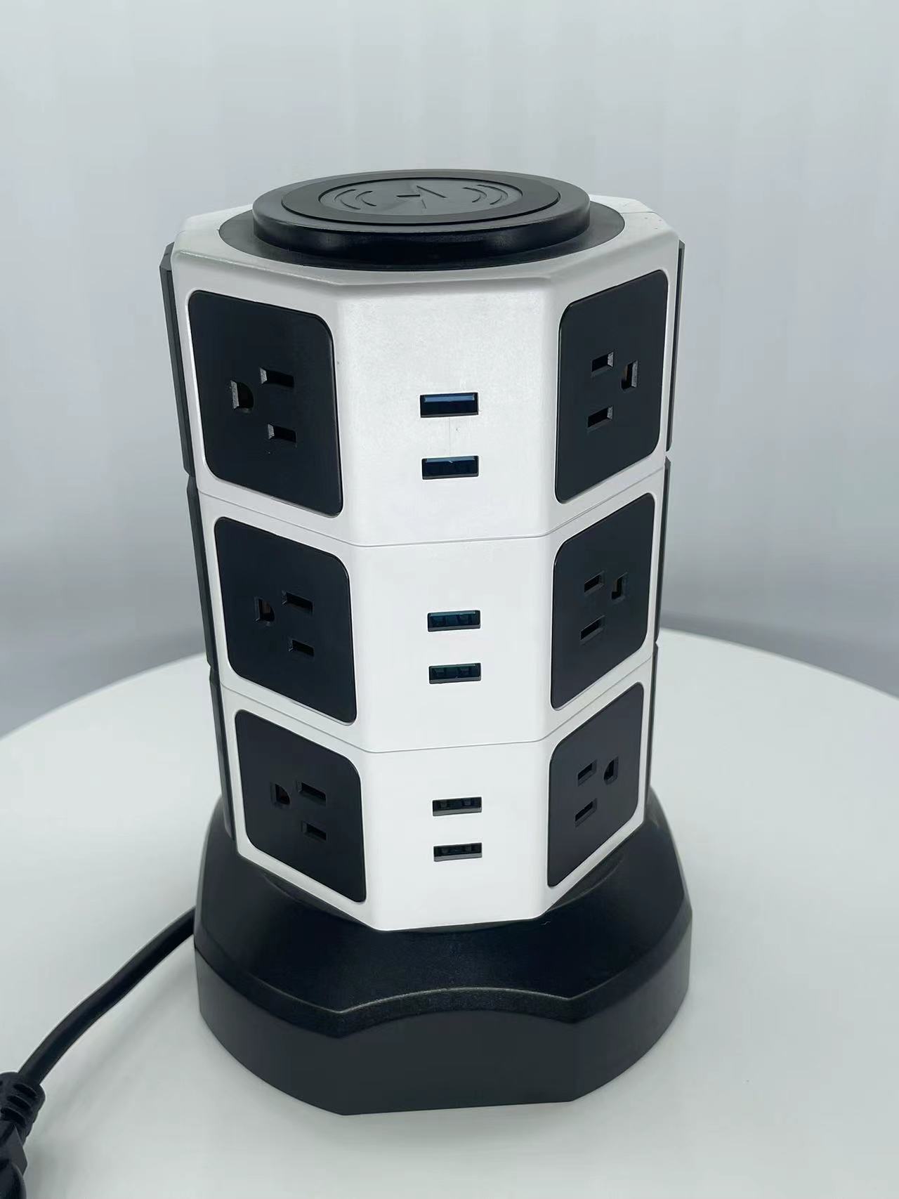 12 Outlet Three-story Rotating Cable Retractable US Surge Protecto Tower Power Strip with 6 USB Charge