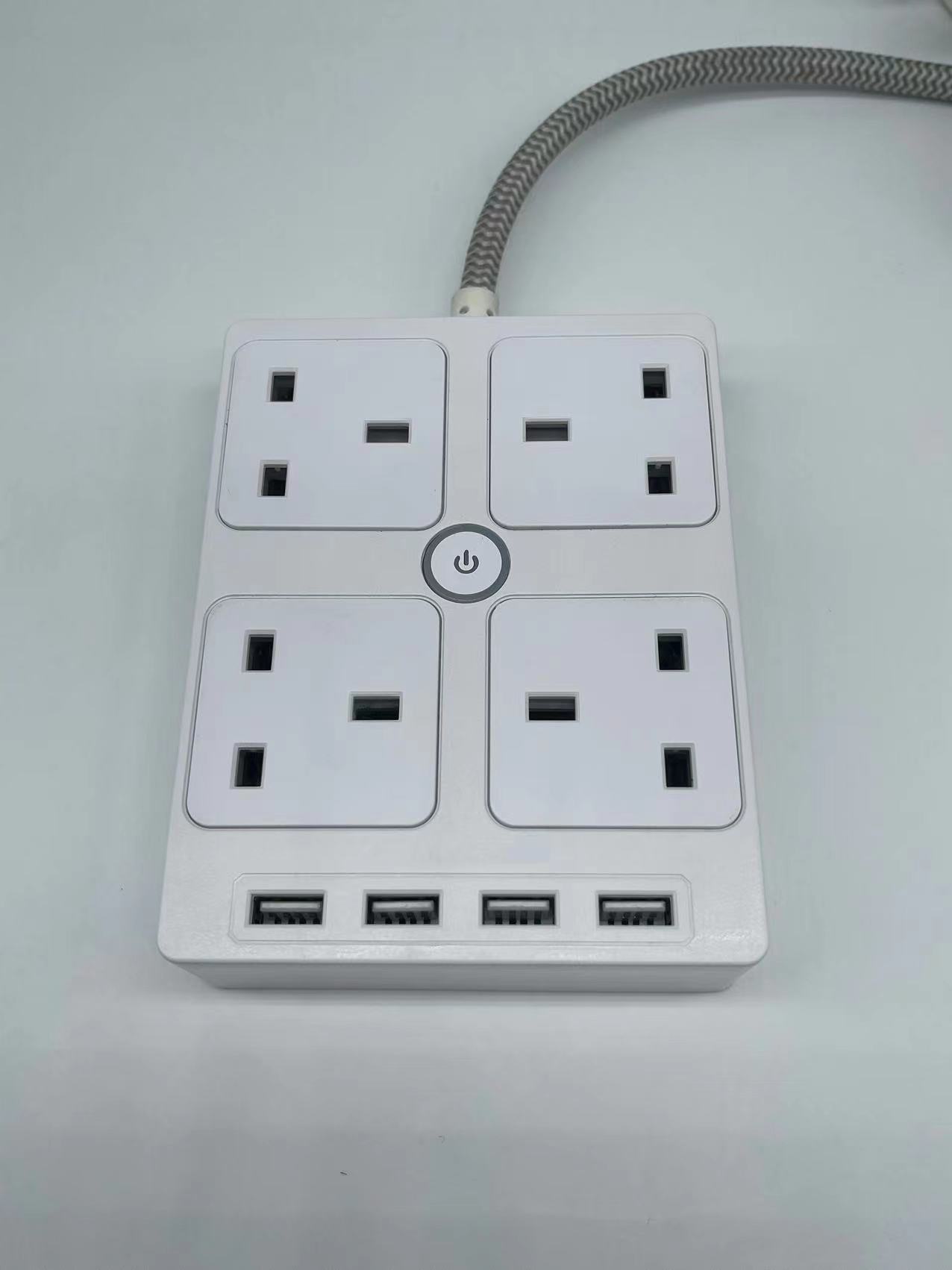 UK 4 way BS Surge Protector Extension Square Socket with 4 USB Charge