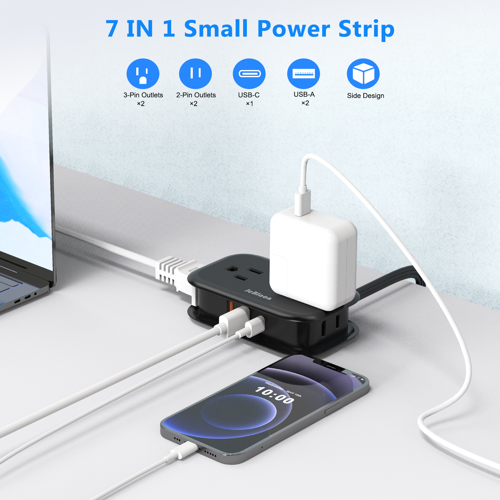 JcBlaon Travel Power Strip with USB Ports, 4 Outlets 3 USB(1 USB C) with 3.6FT Wrapped Short Flat Plug Extension Cord, Small Portable Desktop Charging Station, Compact for Hotel Travel Cruise Essentia