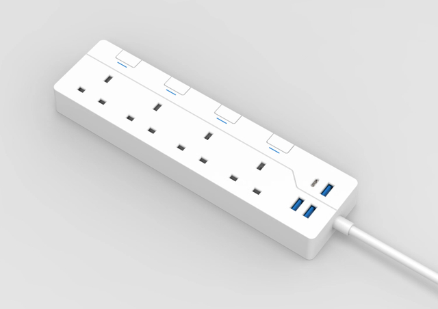 Office Pulled Silk Pattern 4 Outlet BS Surge Protector UK Single Row Extension Socket with 4 USB Charge (3 USB-A +1 USB Type-C)