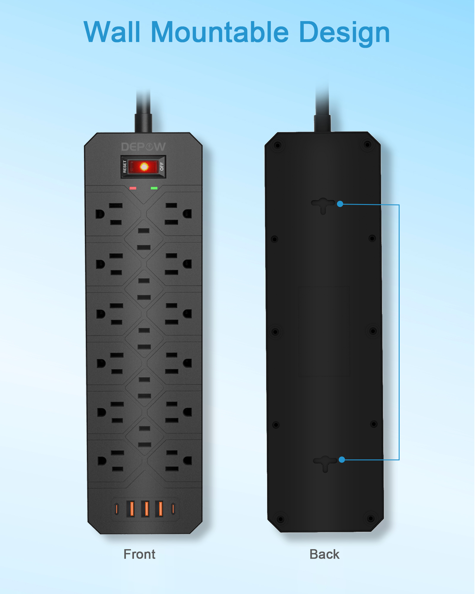 Latest style Black 17 Outlet US Surge Protector Type Power Strip with 3 USB-A + 2USB-C Charger