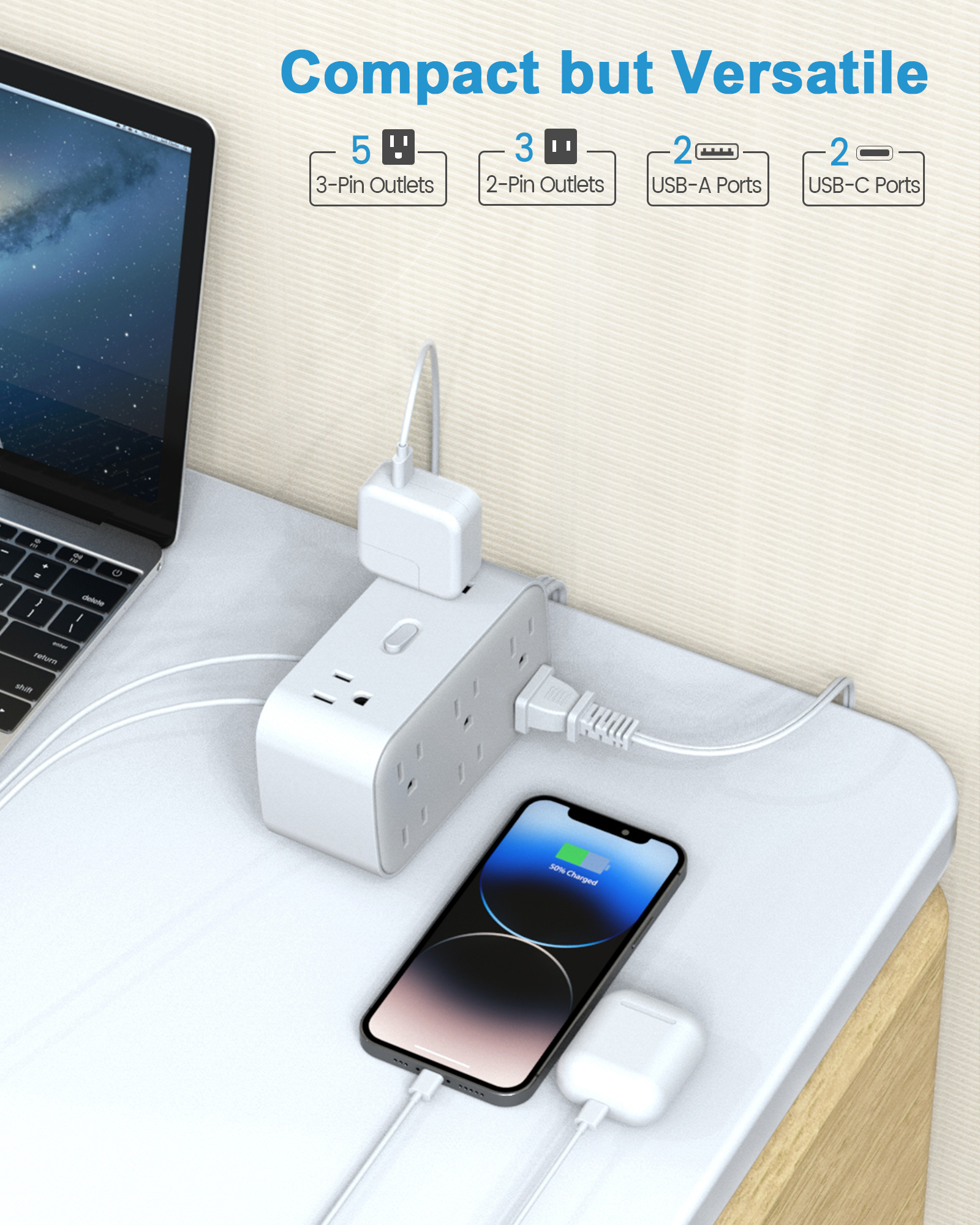 Black New 8 Outlet US Surge Protector Type Power Strip with 2USB-A + 2USB-C Charger