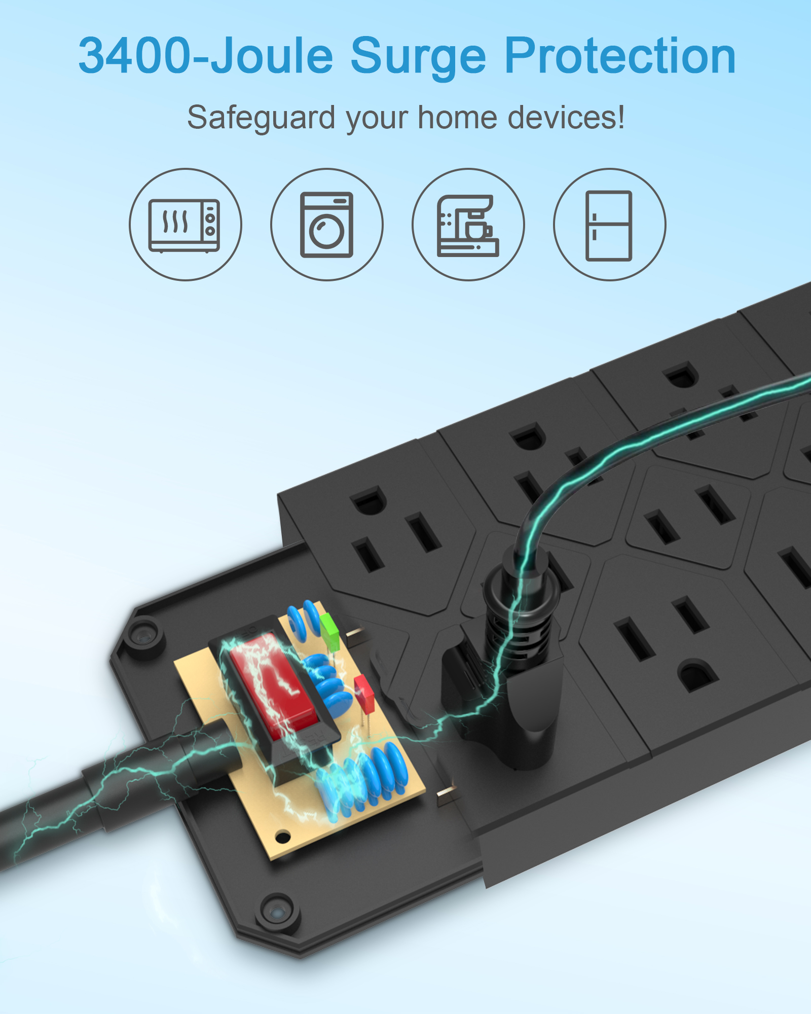 Latest style Black 17 Outlet US Surge Protector Type Power Strip with 3 USB-A + 2USB-C Charger