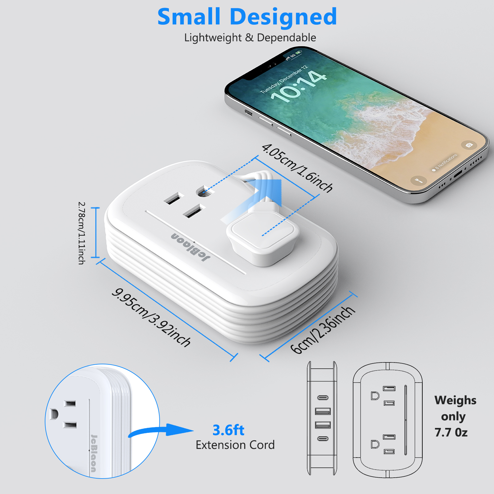 JcBlaon Travel Power Strip with USB Ports, 4 Outlets 4 USB(2 USB C) with 3.6FT Wrapped Short Flat Plug Extension Cord, Small Portable Desktop Charging Station, Compact for Hotel Travel Cruise Essentia