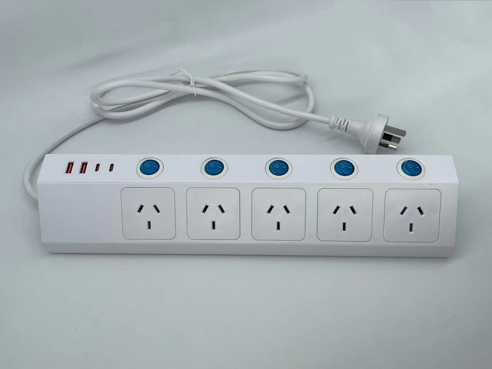 AU 5 Outlet SAA Surge Protector Customized Bevel Independent Switch Black Extension Cord Socket with 4 USB Type C