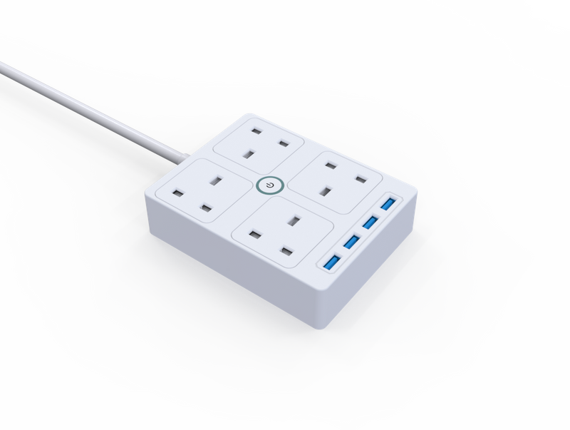 UK 4 way BS Surge Protector Extension Square Socket with 4 USB Charge